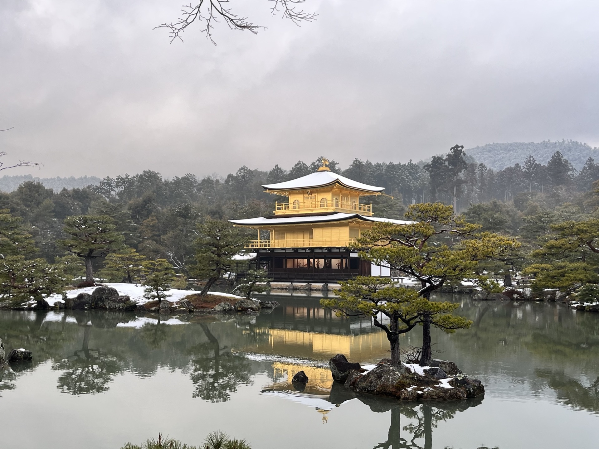 夏日晴天，金閣寺被松樹枝椏框住，鏡湖池倒映著金色樓閣